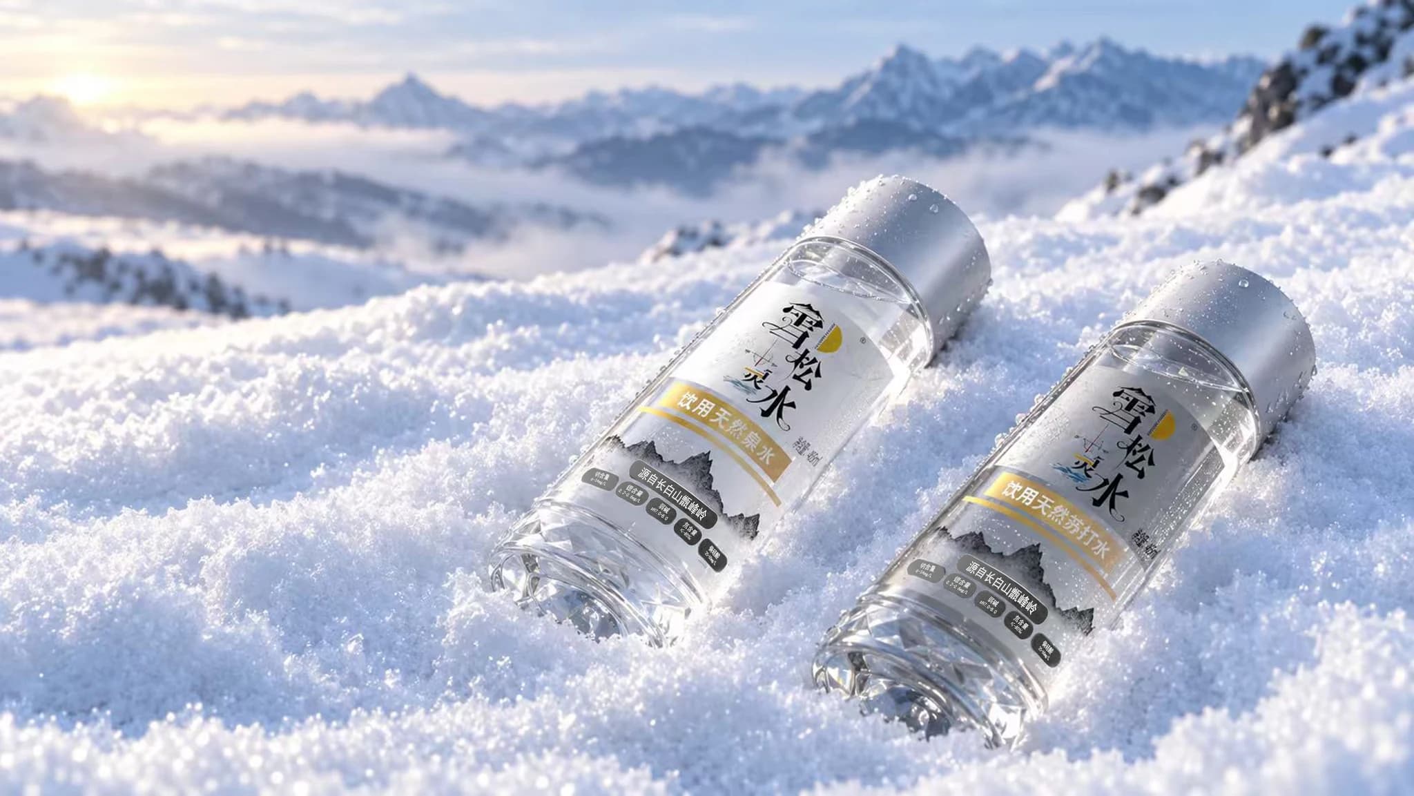 雪地上横置的雪松灵水泉水与苏打水双瓶场景